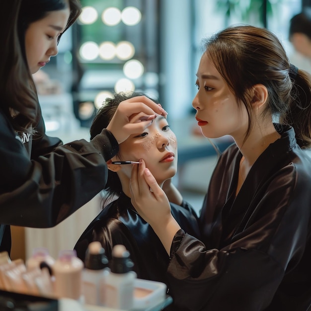 Foto una mujer está aplicando maquillaje frente a un espejo