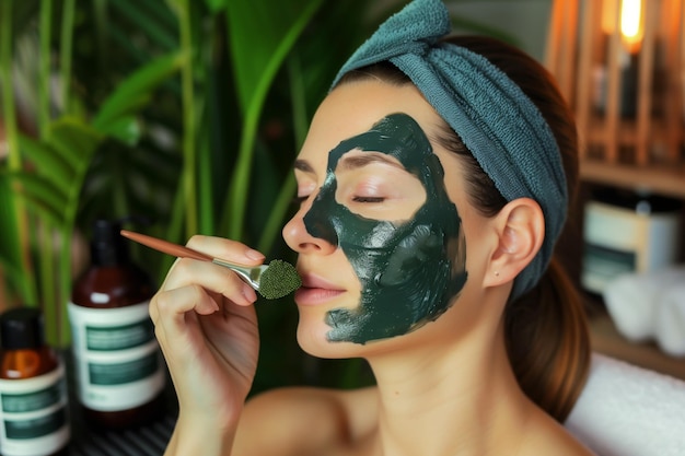 Foto mujer aplicando una máscara facial de espirulina en un entorno de spa