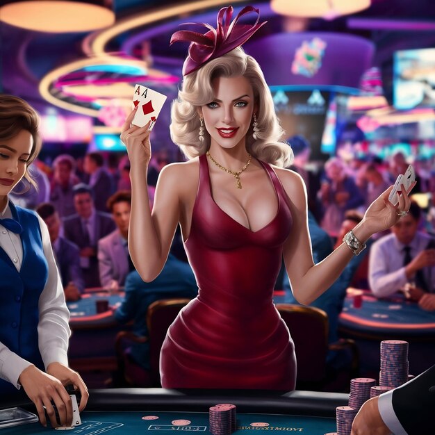 Foto mujer apostadora mostrando la combinación ganadora de dos ases en el casino