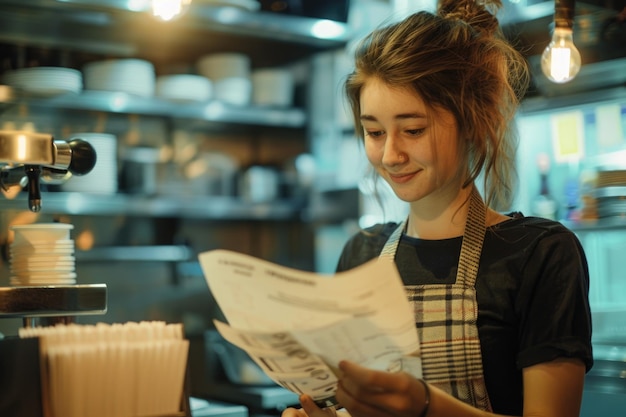 Foto mujer aprende tareas de restaurante mientras trabaja a tiempo parcial