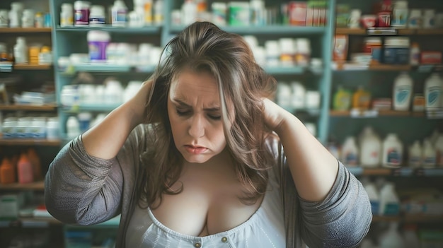 Mujer en apuros comprando medicamentos en la farmacia