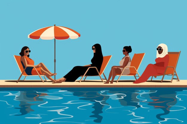 Mujer árabe en burkini cerca de la piscina