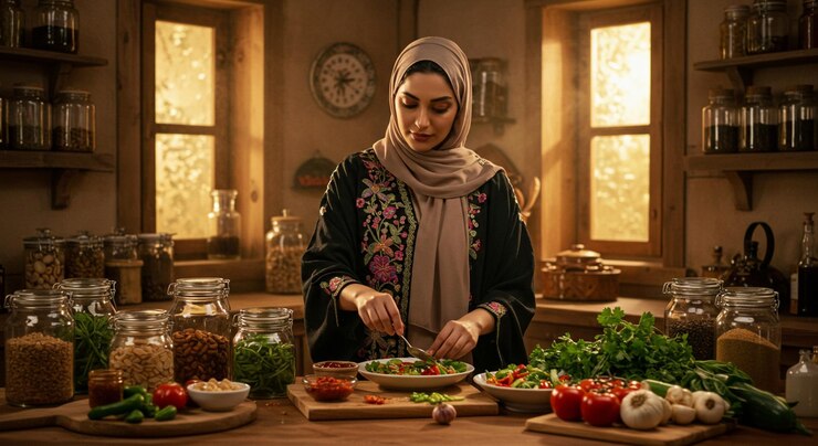 Mujer árabe cocinando el Iftar del Ramadán