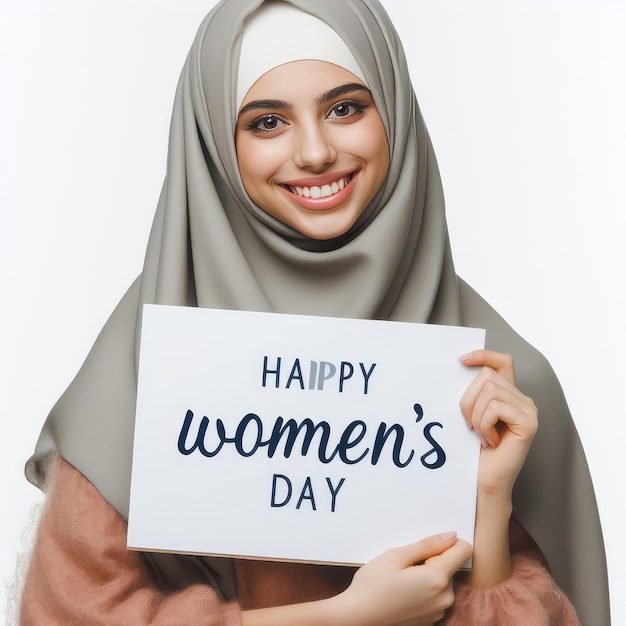 mujer árabe feliz en hijab sosteniendo un cartel que dice feliz día de la mujer aislado en fondo blanco