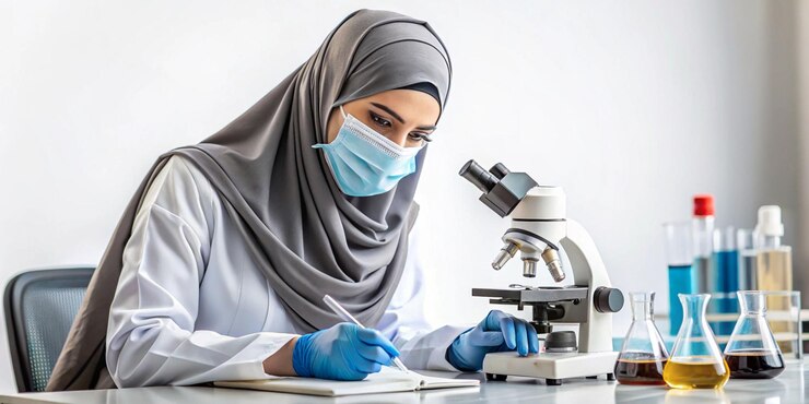 Una mujer árabe con hijab trabajando en un laboratorio