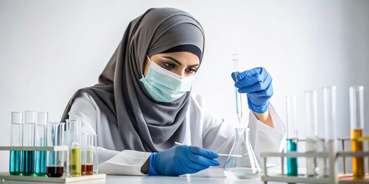 Una mujer árabe con hijab trabajando en un laboratorio