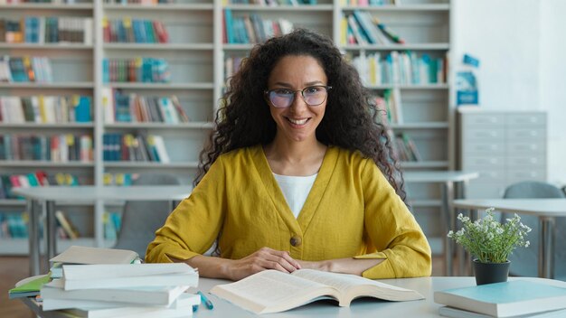 mujer árabe hispana feliz gafas tocando el cabello estudiante biblioteca mujer de negocios maestra libros niña mujer aprendizaje estudio trabajando universidad académica sonrisa positiva conocimiento graduado gusano de libros librería