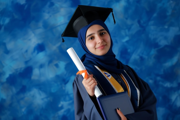 Mujer árabe joven con vestido de graduación y hijab sosteniendo un diploma