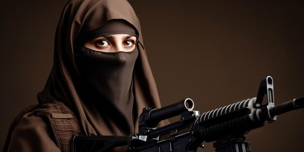Una mujer árabe con niqab sosteniendo un rifle simboliza la lucha de las mujeres en el mundo islámico para elegir ciertas profesiones y luchar por sus derechos IA generativa