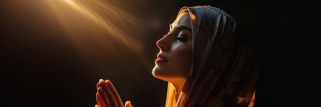 Foto mujer árabe reza a dios en el fondo oscuro del estudio efecto cinematográfico