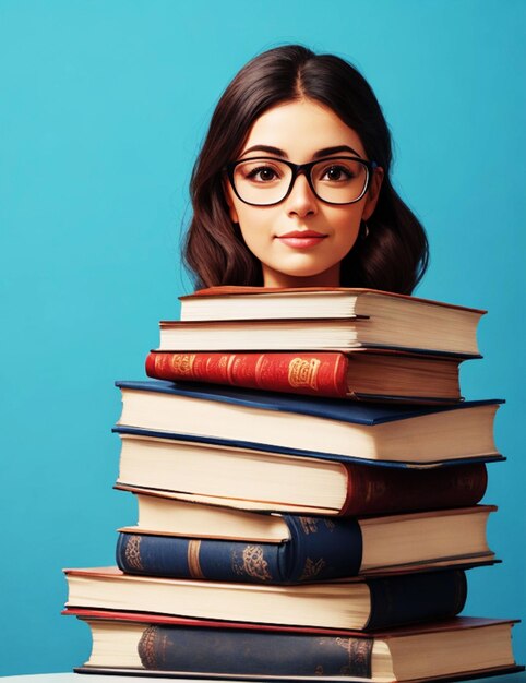 Mujer arafada con gafas sosteniendo una pila de libros