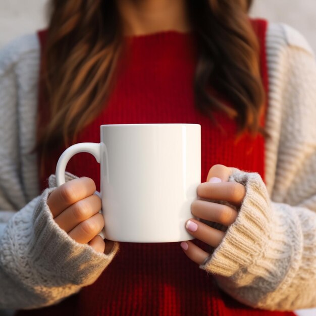 mujer arafada en un suéter rojo sosteniendo una taza de café blanca generativa ai