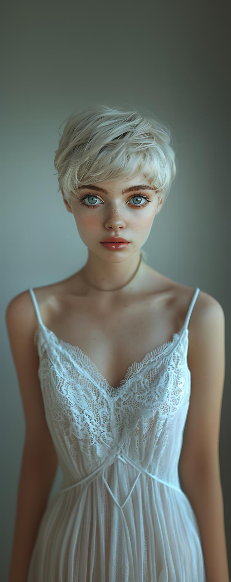 mujer arafada en un vestido blanco con un pelo rubio corto
