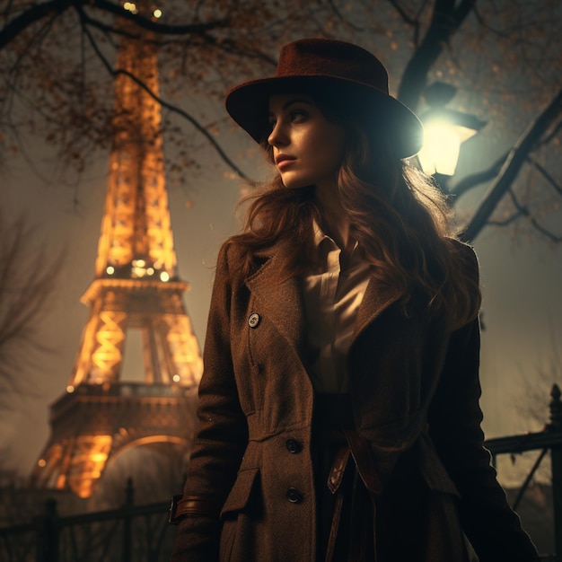 Foto mujer arafed en un abrigo y sombrero de pie frente a la torre eiffel generativa ai