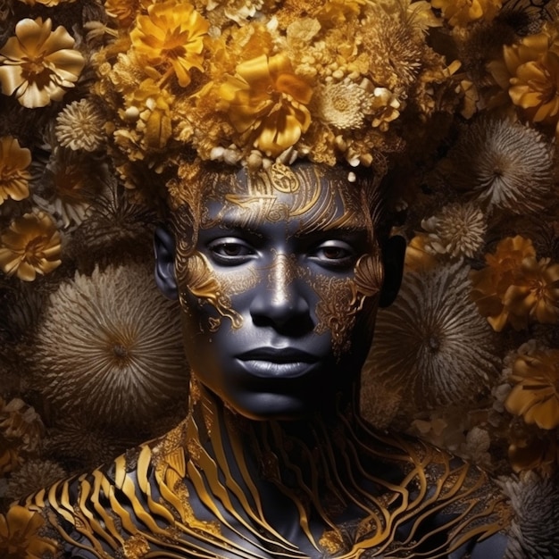 Mujer Arafed con arte corporal dorado y negro y flores generativas ai