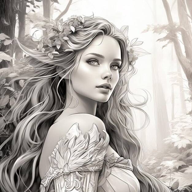 mujer arafed con cabello largo y una corona de flores en un bosque generativo ai
