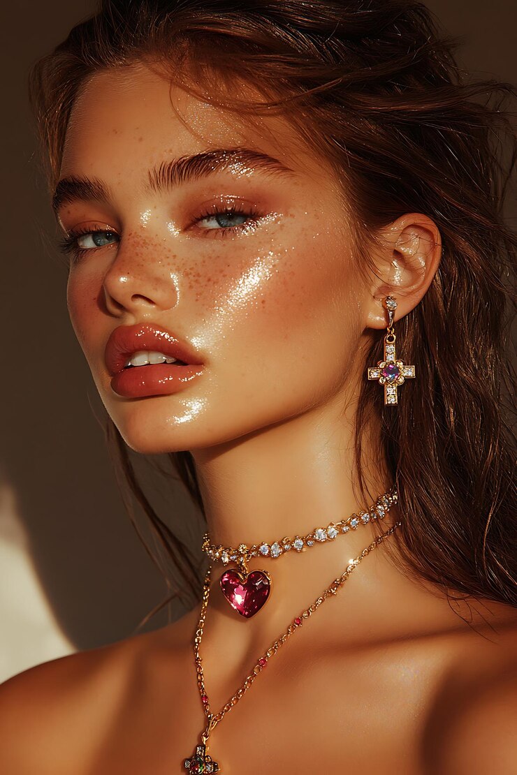 mujer arafed con un collar y pendientes en el cuello