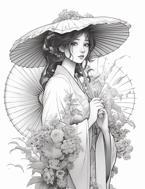 mujer arafed en un kimono con una sombrilla y flores generativo ai