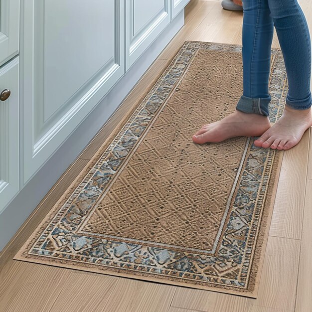 Foto mujer arafed de pie en una alfombra en una cocina con un piso de madera generativo ai