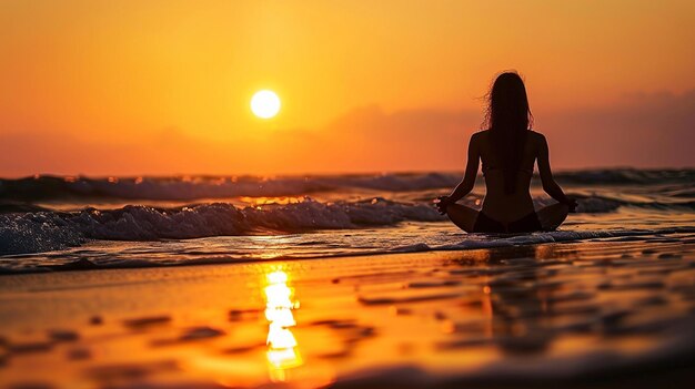 mujer arafed sentada en el agua en la playa con las piernas cruzadas ai generativo