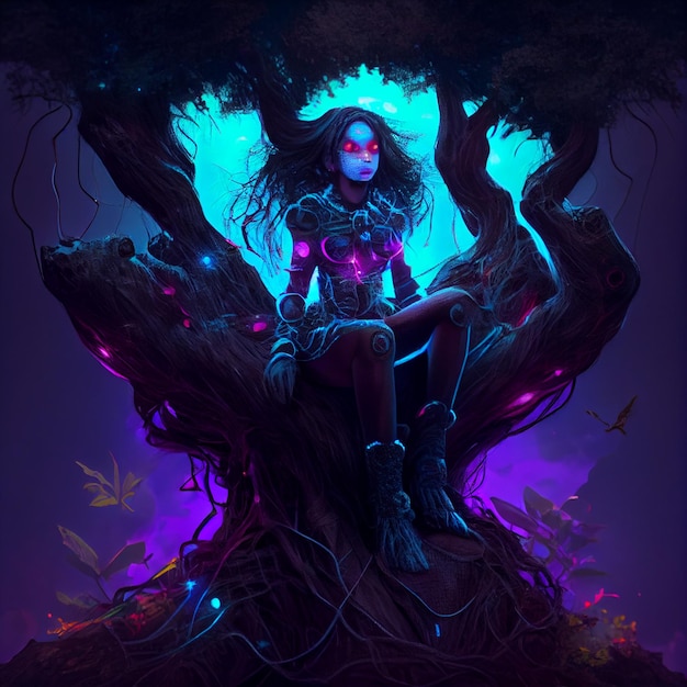 Mujer Arafed sentada en un árbol con una esfera brillante generativa ai