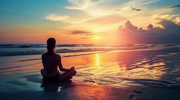 mujer arafed sentada en la playa al atardecer con las piernas cruzadas ai generativo