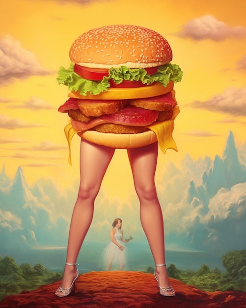 mujer arafed en tacones altos sosteniendo una hamburguesa gigante ai generativo
