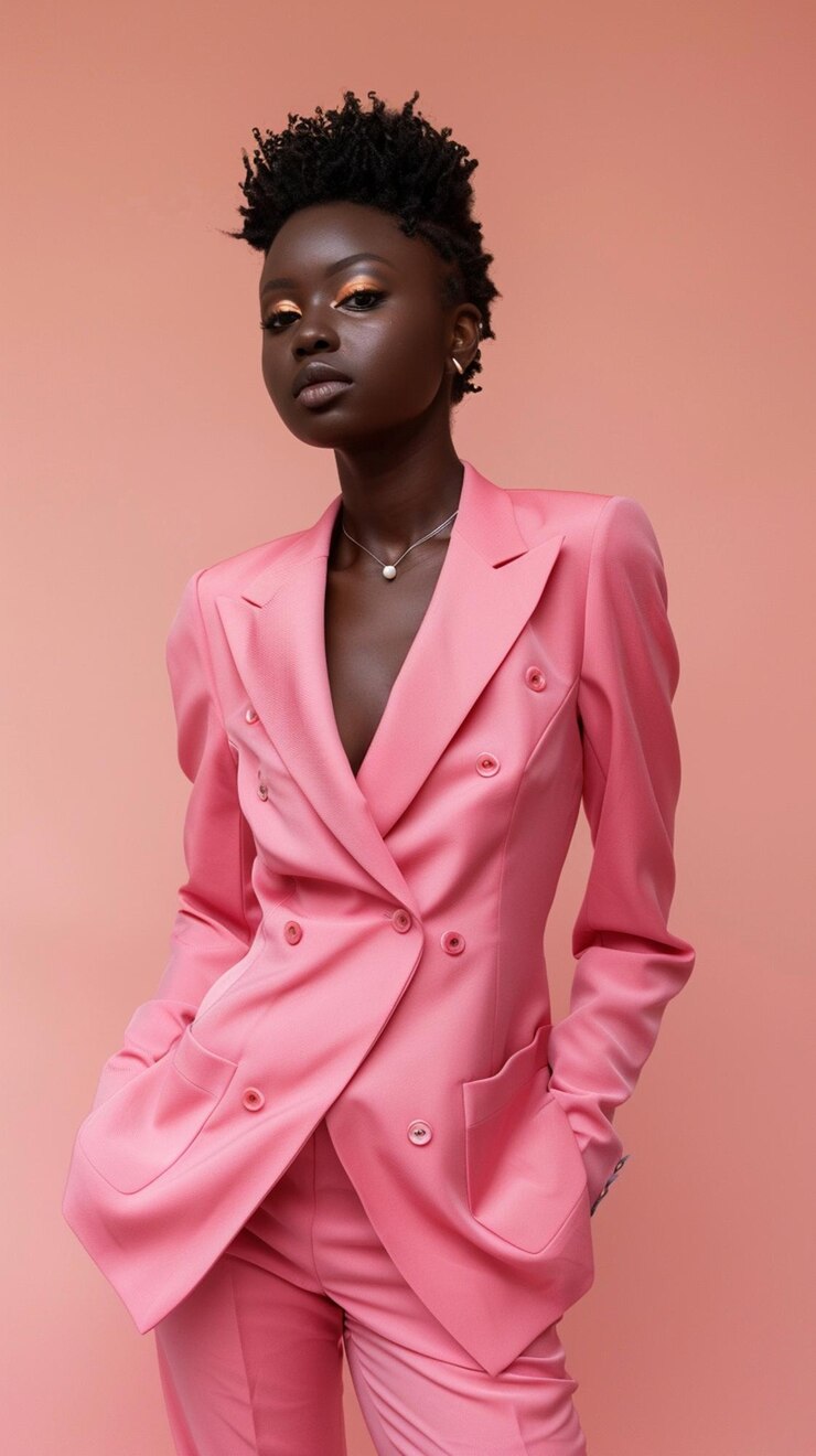mujer arafed en un traje rosa y maquillaje de ojos dorado generativo ai