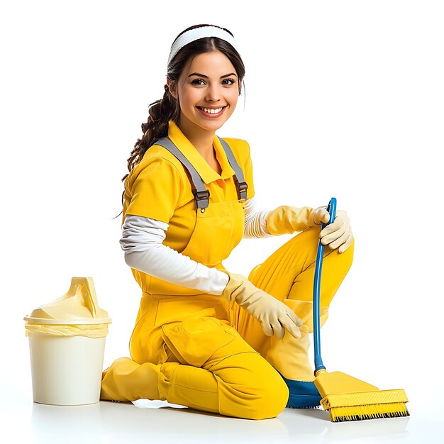 mujer arafed en uniforme amarillo limpiando el piso con escoba y cubo