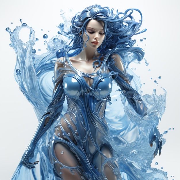 mujer arafed con un vestido azul con agua salpicando alrededor de su ai generativa