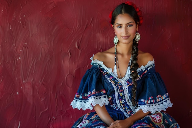 mujer arafed en un vestido azul sentada en una pared roja generativa ai