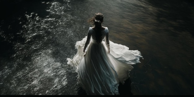 Mujer Arafed en un vestido blanco caminando en el agua generativa ai