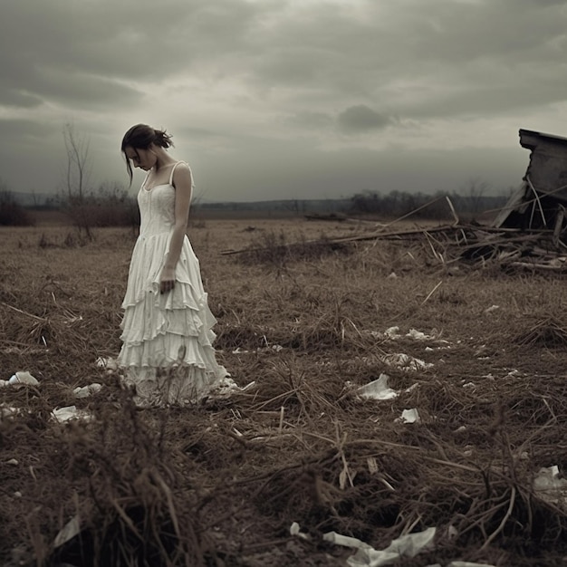 Mujer arafed con un vestido blanco de pie en un campo ai generativo