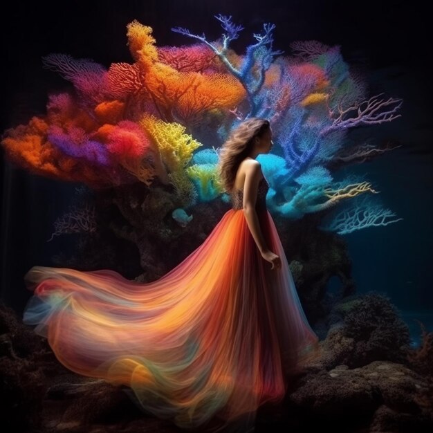 Mujer Arafed en un vestido colorido de pie frente a un ai generativo de arrecife de coral