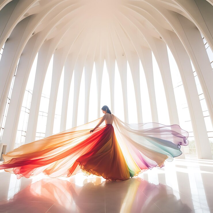 mujer arafed en un vestido colorido de pie en una habitación grande