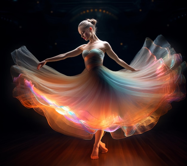 La mujer arafed con un vestido está bailando en un cuarto oscuro ai generativo
