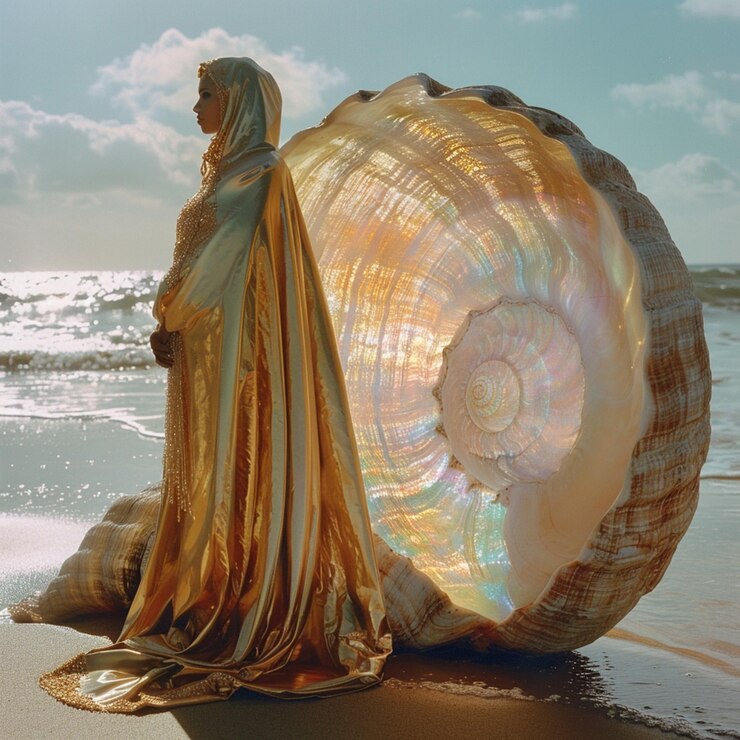 mujer arafed en un vestido de oro de pie en la playa al lado de una concha generativa ai