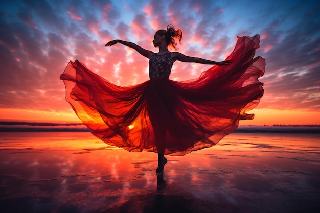mujer arafed en un vestido rojo bailando en una playa al atardecer generativo ai