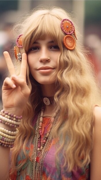 Foto mujer araffe con cabello largo rubio y cabello con flores sosteniendo un signo de paz generativo ai