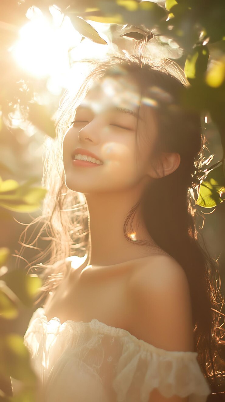 mujer araffe con cabello largo y vestido blanco sonriendo a la luz del sol