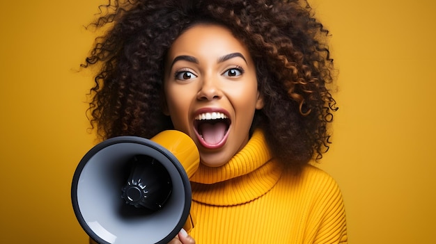 mujer araffe con cabello rizado sosteniendo un megáfono y gritando IA generativa