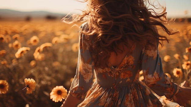 mujer araffe en un campo de flores con el pelo ondeando al viento ai generativo