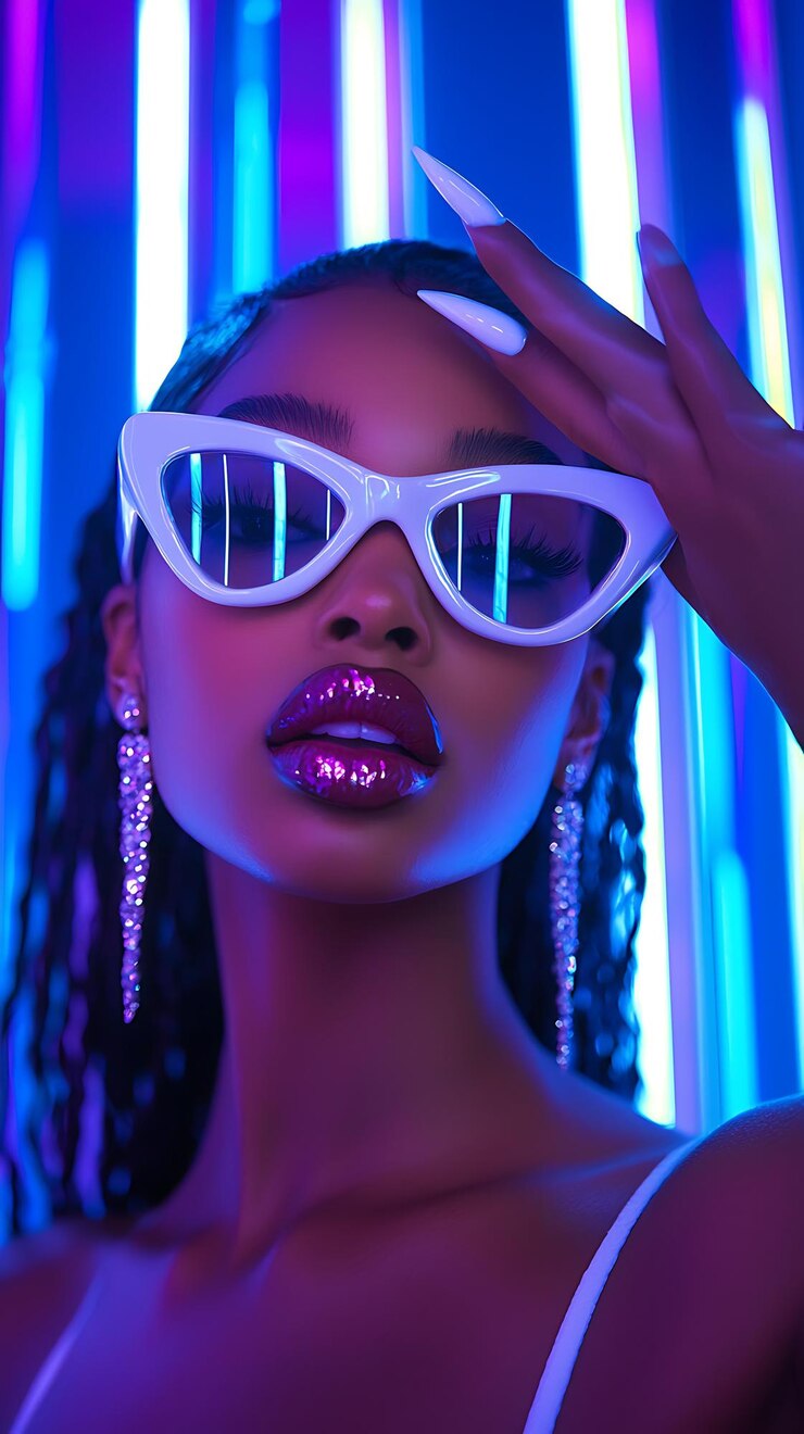 mujer araffe con gafas de sol blancas y lápiz labial púrpura posando para una foto