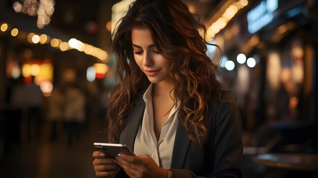 mujer araffe mirando su teléfono celular en una ciudad por la noche IA generativa