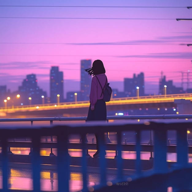 mujer araffe de pie en un puente mirando las luces de la ciudad generativa ai