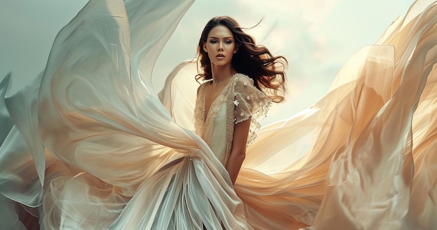mujer araffe en un vestido blanco con tela fluida generativa ai