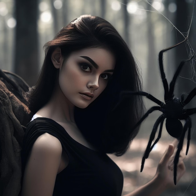 Foto mujer y araña en el bosque