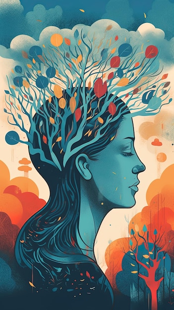una mujer con un árbol en la cabeza está rodeada de flores de colores.