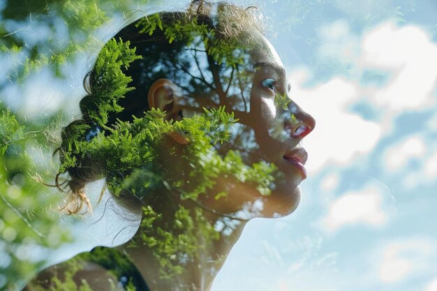 Foto una mujer con un árbol en el pelo