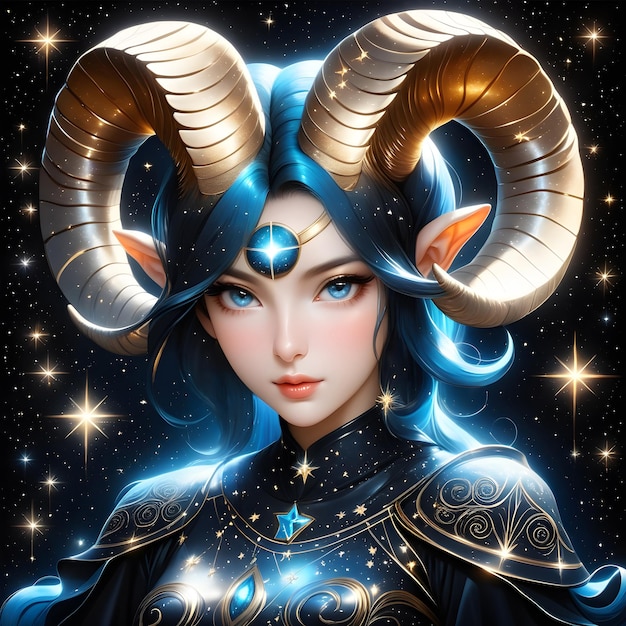 mujer Aries signo del zodiaco en un fondo estrellado